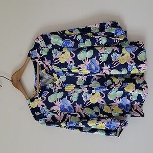 Talbots Navy Floral Pintuck Blouse 3/4 Sleeve Size Small Petite SP